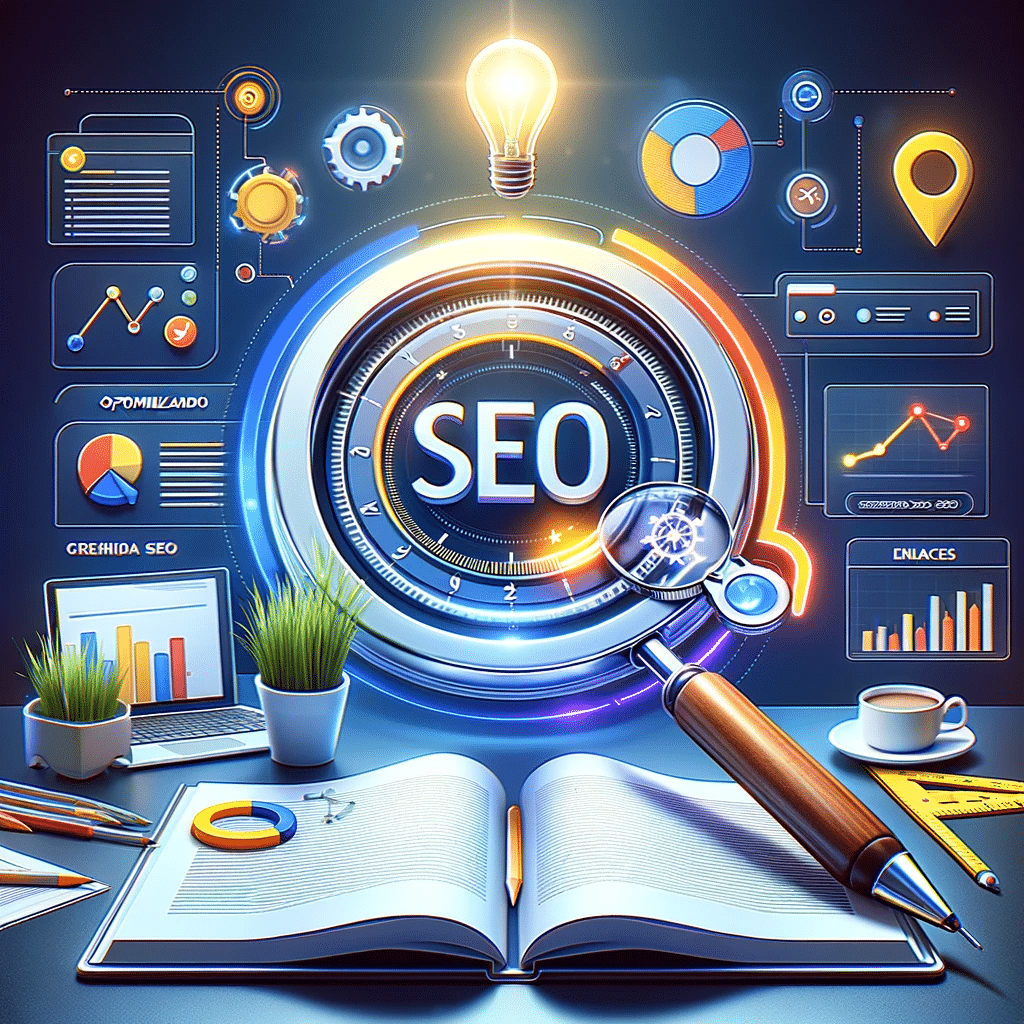 Ilustración de optimización SEO con lupa, palabras clave, gráfico de crecimiento, teclado y diagrama de enlaces, para marketing digital | Posiciona.Digital