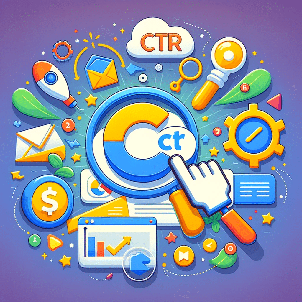 Ilustración explicativa del CTR en Ads, mostrando una gráfica, un clic en anuncio y una lupa sobre la sigla CTR, en estilo moderno. | Posiciona.Digital