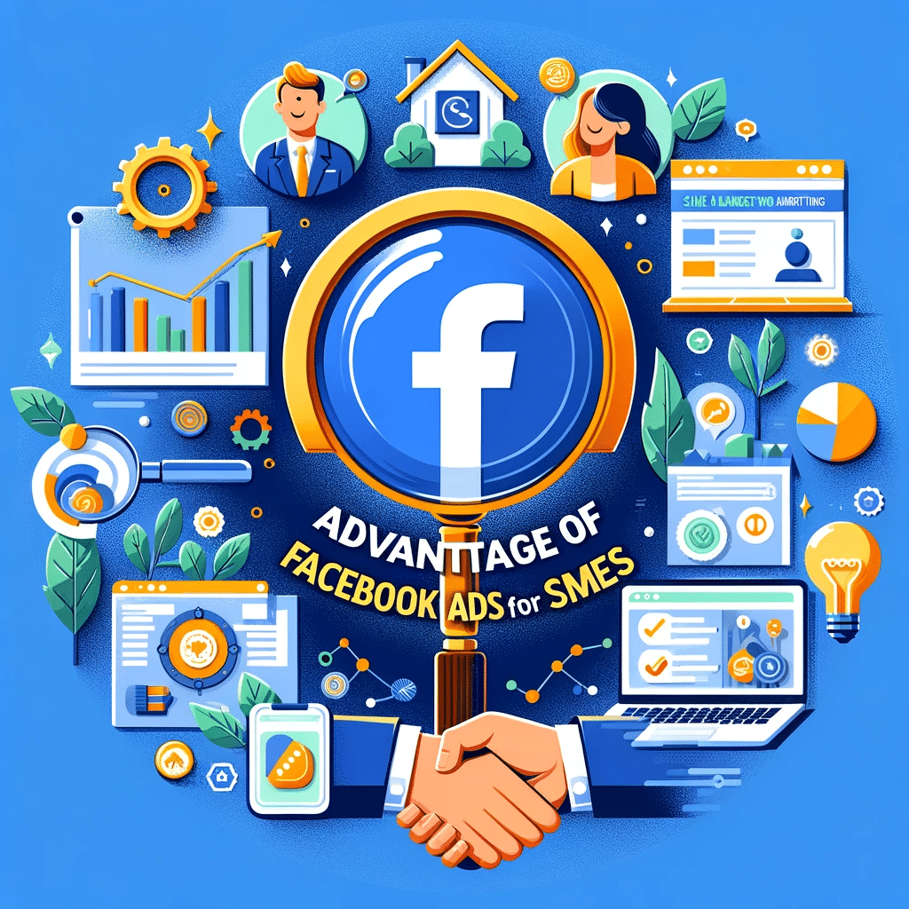 Ilustración de ventajas de publicidad de Facebook Ads para pymes con logo, gráficos de crecimiento y colaboración. | Posiciona.Digital