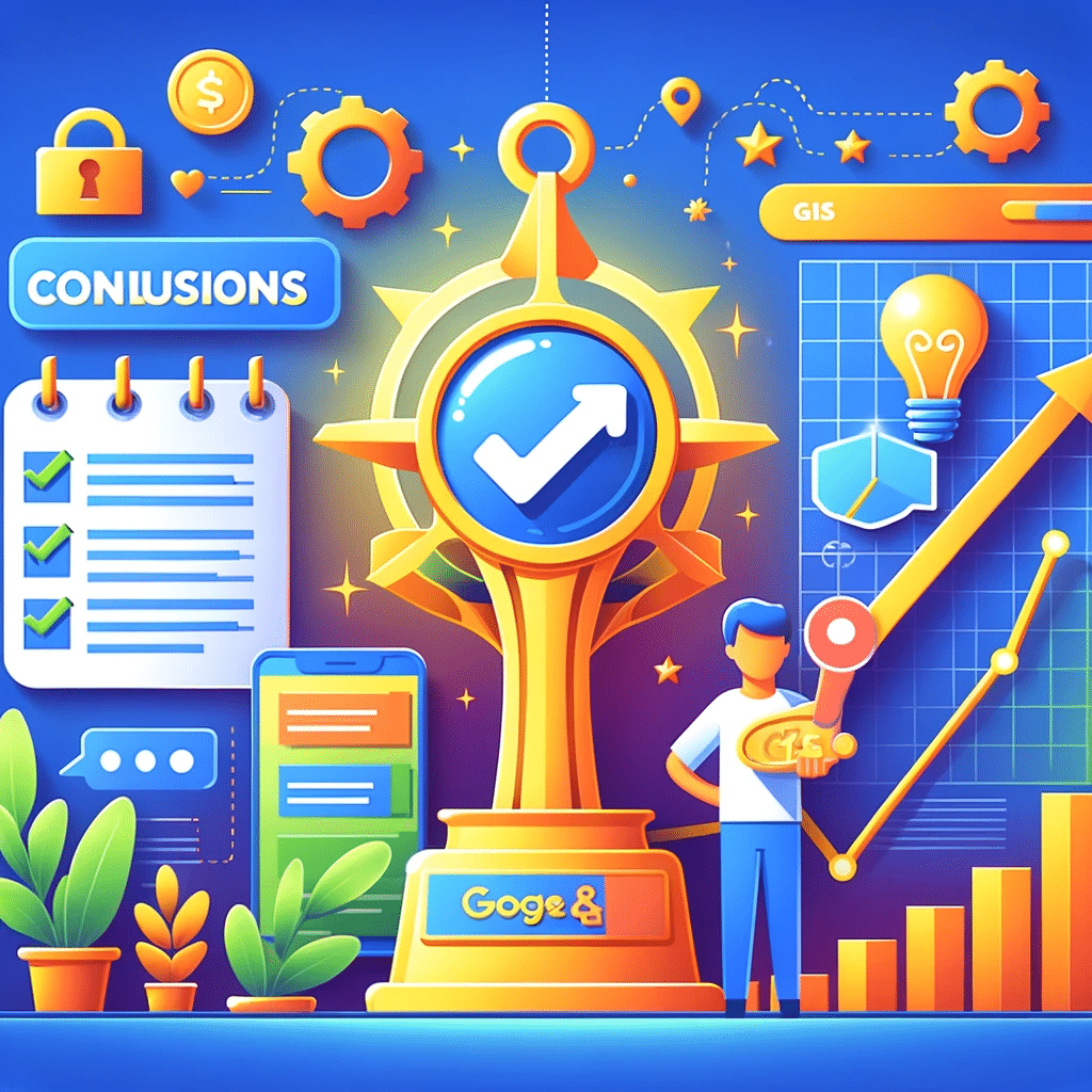 Ilustración sobre estrategia exitosa en Google, con gráficos ascendentes y símbolos de éxito. | Posiciona.Digital