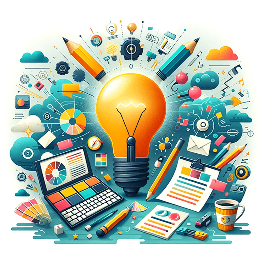 Ilustración con bombilla y elementos de creatividad como paleta de colores, teclado y bocetos, simbolizando generación de ideas en marketing digital | Posicion.Digital