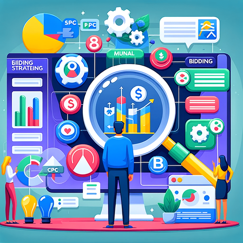 Ilustración sobre los tipos de estrategias de puja en Google Ads, con símbolos y gráficos comparativos. | Posiciona.Digital
