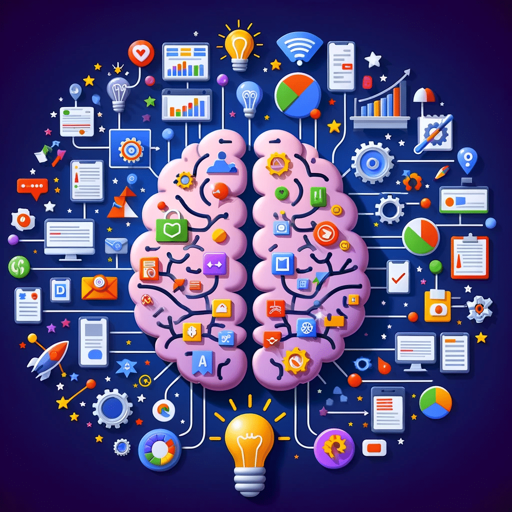 Cerebro con iconos de marketing y anuncios creativos | Posiciona.Digial