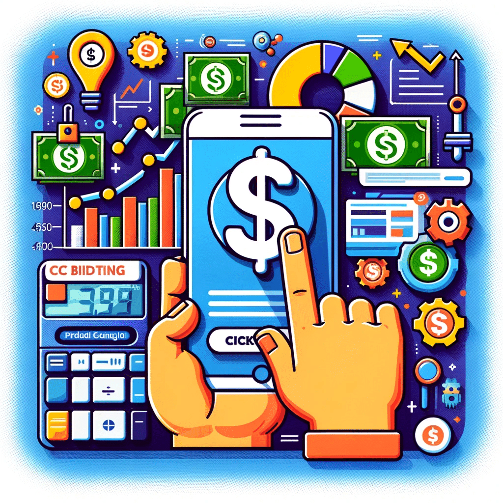 Ilustración sobre la estrategias de puja CPC manual en marketing digital, con mano clickeando un anuncio y símbolos financieros. | Posiciona.Digital