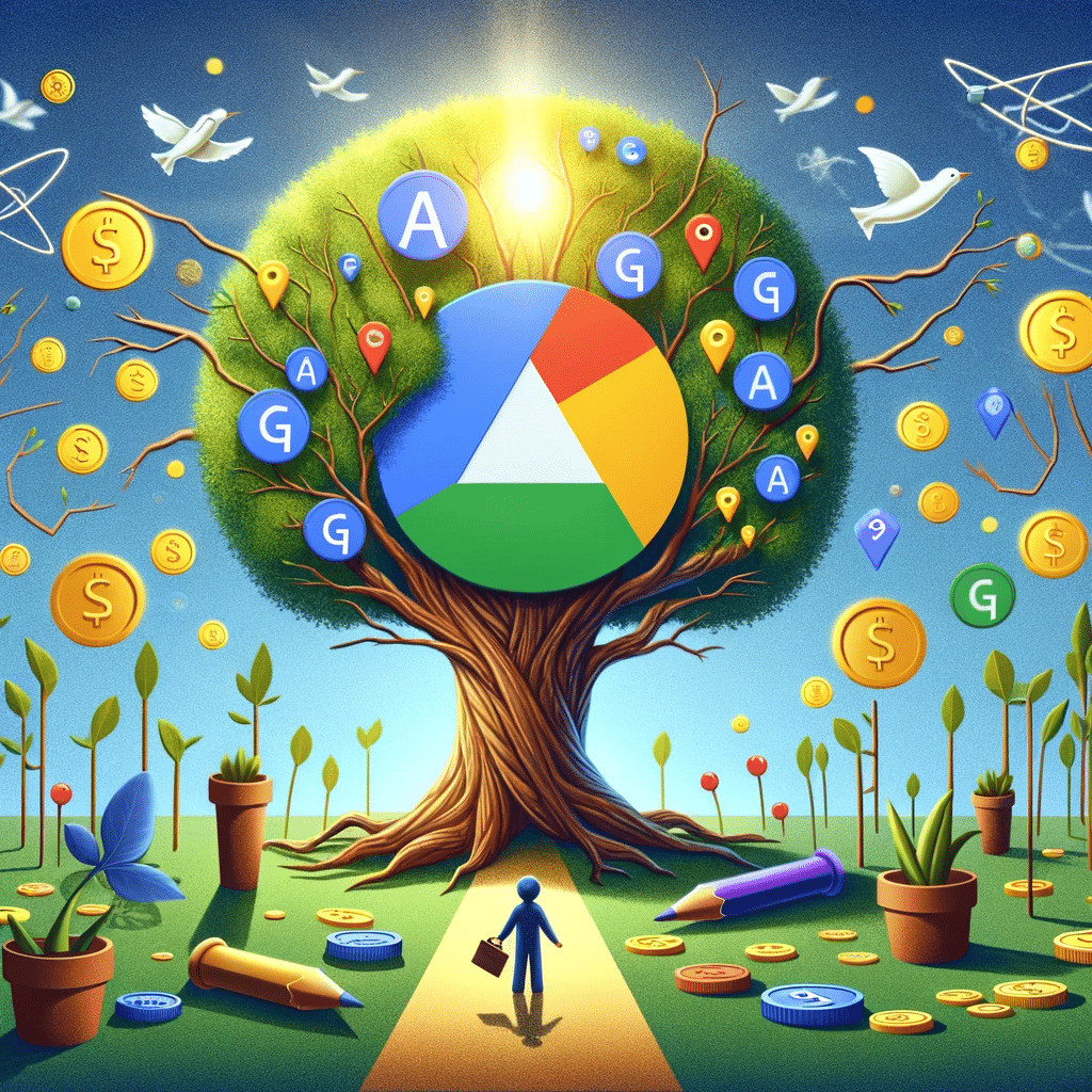 Ilustración de árbol con raíces de campañas de búsqueda de Google Ads simbolizando el crecimiento de empresas emergentes | Posiciona.Digital