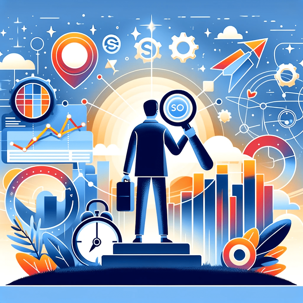 Profesional de SEO con catalejo mirando tendencias emergentes y cambios en SEO y texto alternativo. | Posiciona.Digital