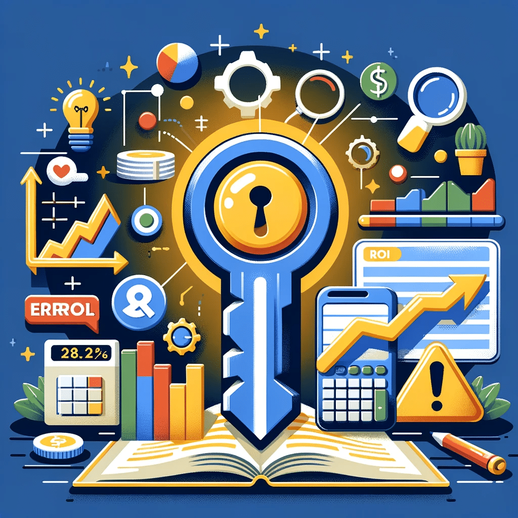 Ilustración sobre optimización de Google Ads para ROI, con símbolos de marketing digital y gráficos de tendencias ascendentes. | Posiciona.Digital