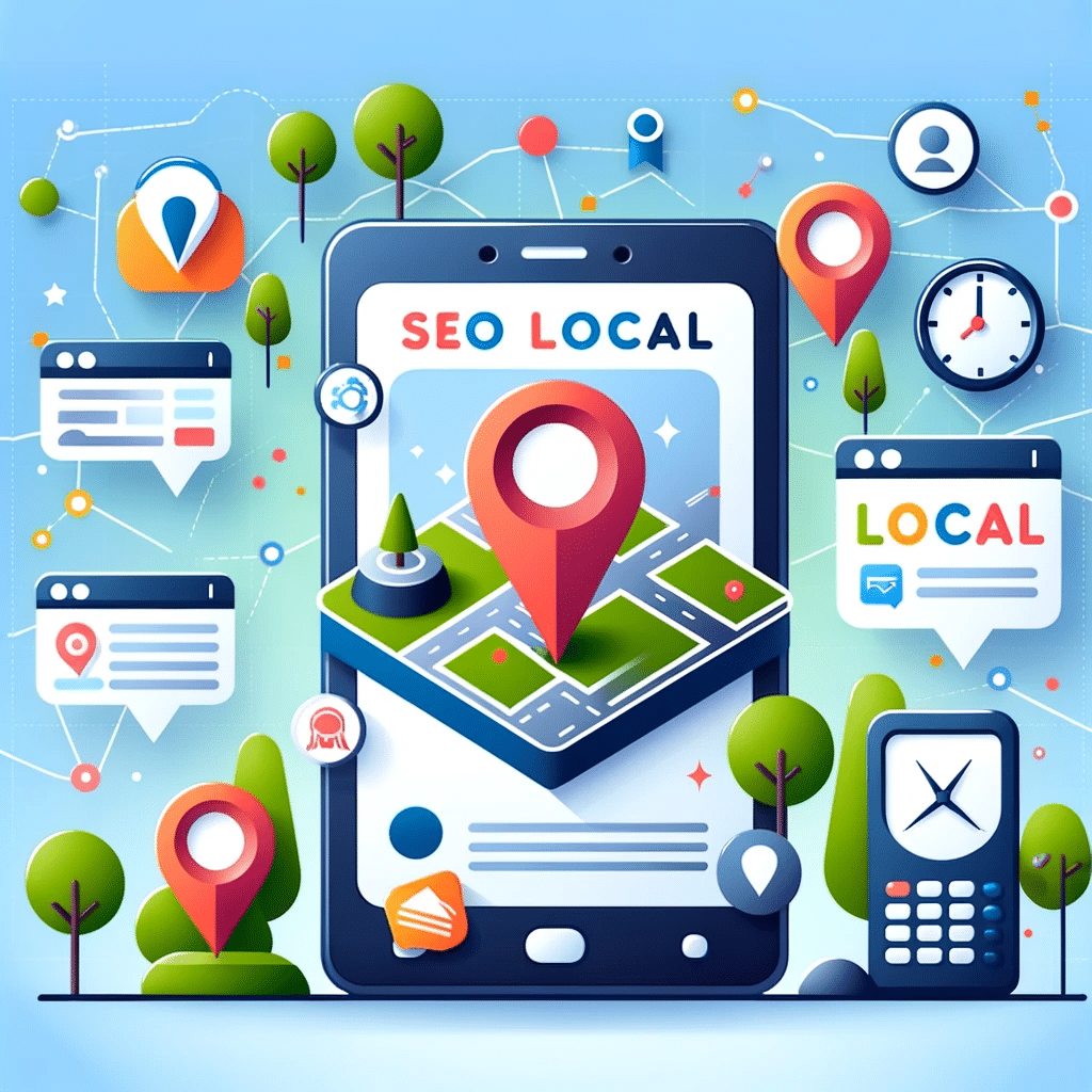 Mapa con pines locales y gráficos SEO, destacando la importancia del SEO local. | Posiciona.Digital