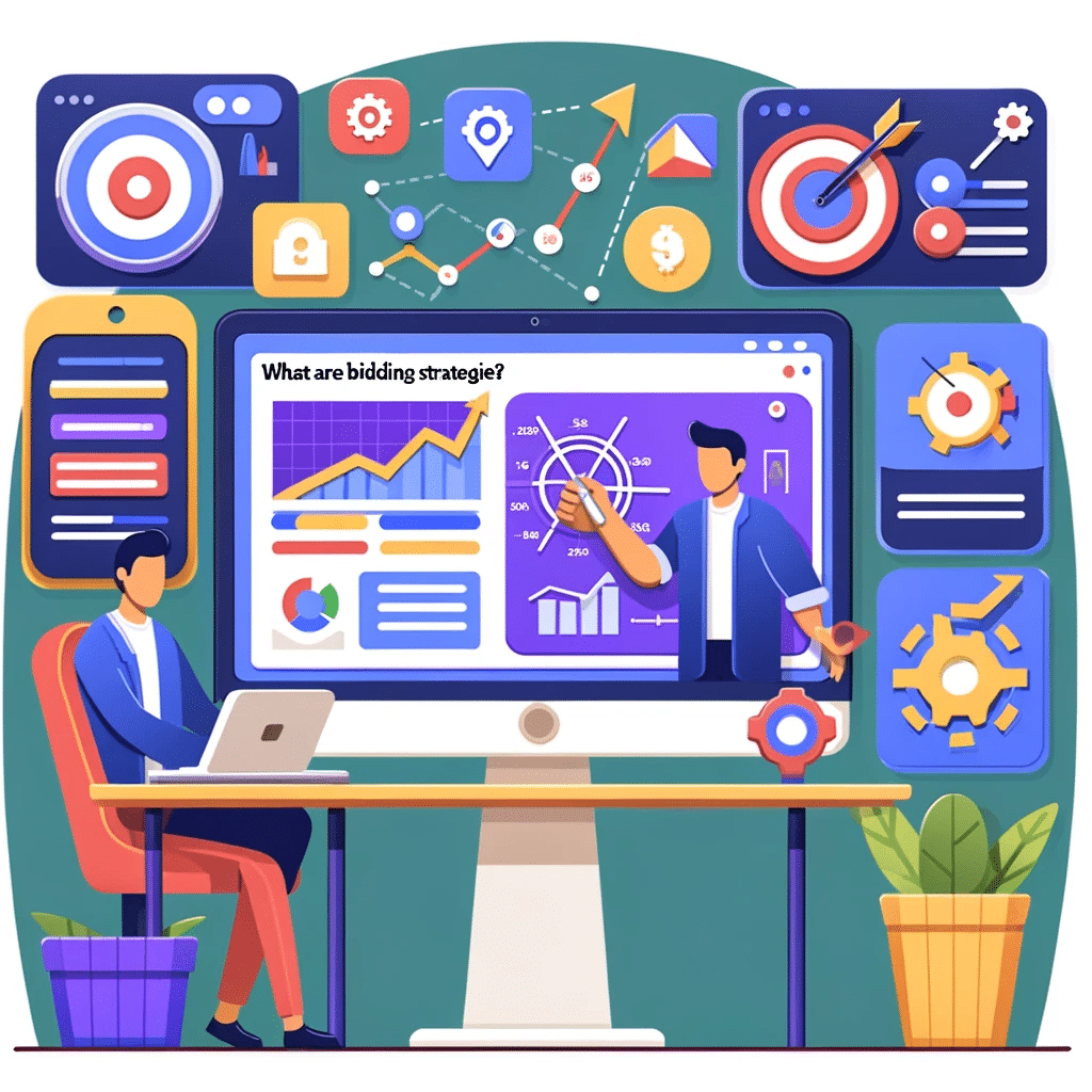 Ilustración explicando estrategias de puja en Google Ads, con marketer ajustando ofertas en pantalla. | Posiciona.Digital