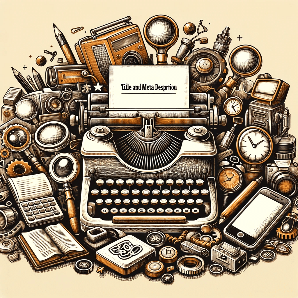 Ilustración vintage de optimización de título y meta descripción con elementos de SEO, en tonos sepia | Posiciona.Digital
