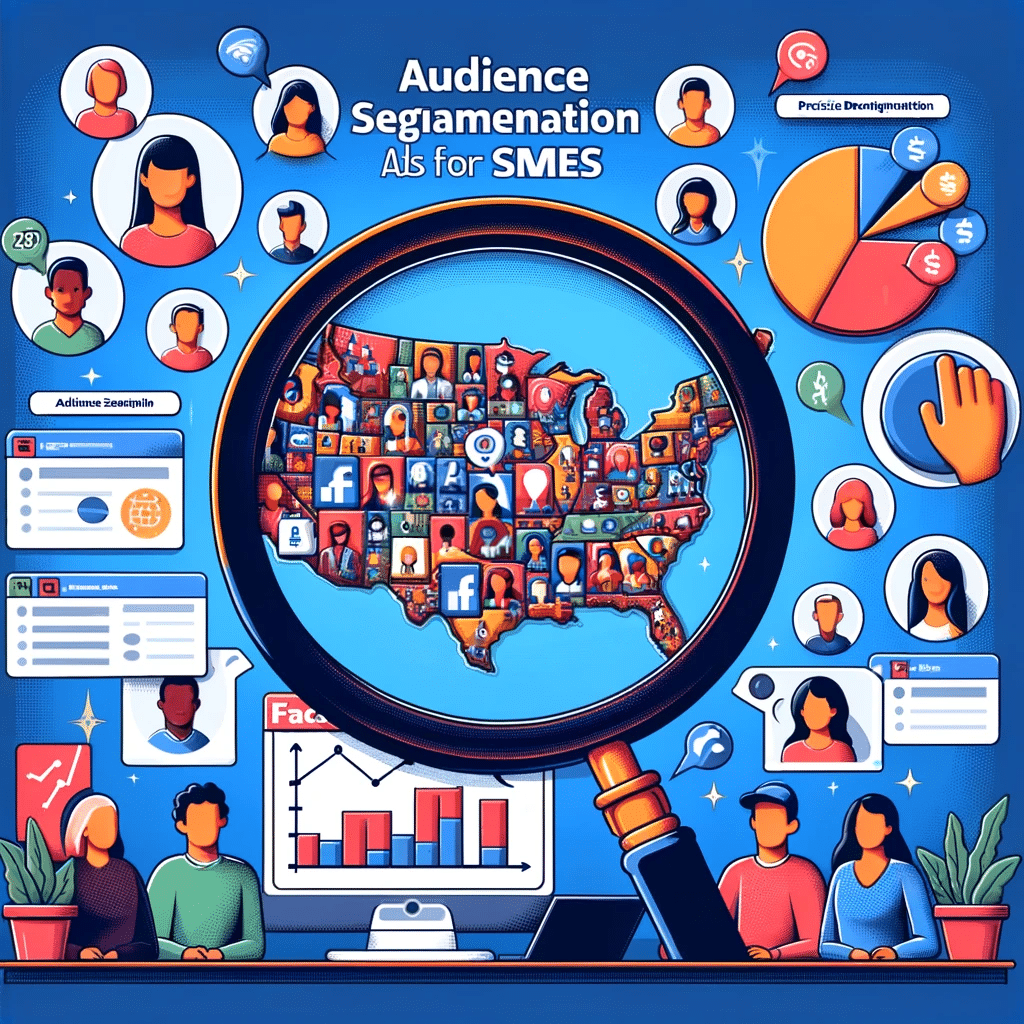 Ilustración de segmentación de audiencia en Facebook Ads con mapa demográfico, perfiles de usuario y análisis. | Posiciona.Digital