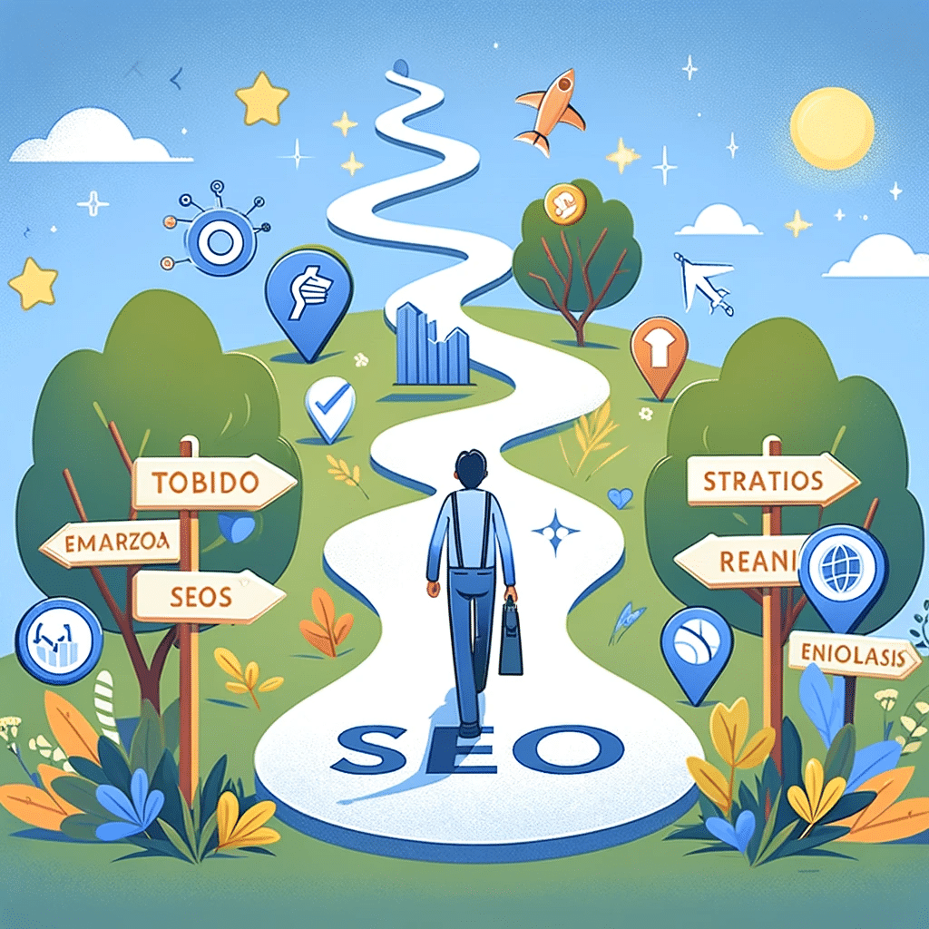 Figura avanzando por camino SEO con iconos de estrategias y análisis, simbolizando primeros pasos en SEO. Archivo Robots.txt | Posiciona.Digital