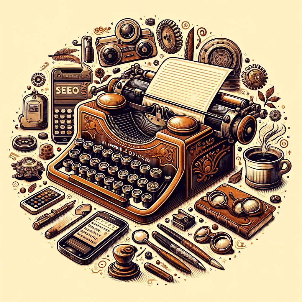 Ilustración vintage de optimización para dispositivos móviles con elementos de SEO, en tonos sepia | Posiciona.Digital