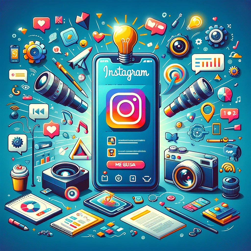 Ilustración de un smartphone mostrando Instagram con íconos de interacción y creación de contenido visual para marketing digital | Posiciona.Digital