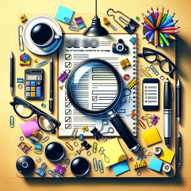 Mesa de trabajo de SEO con enfoque en contenido multimedia, vista cenital | Posiciona.Digital