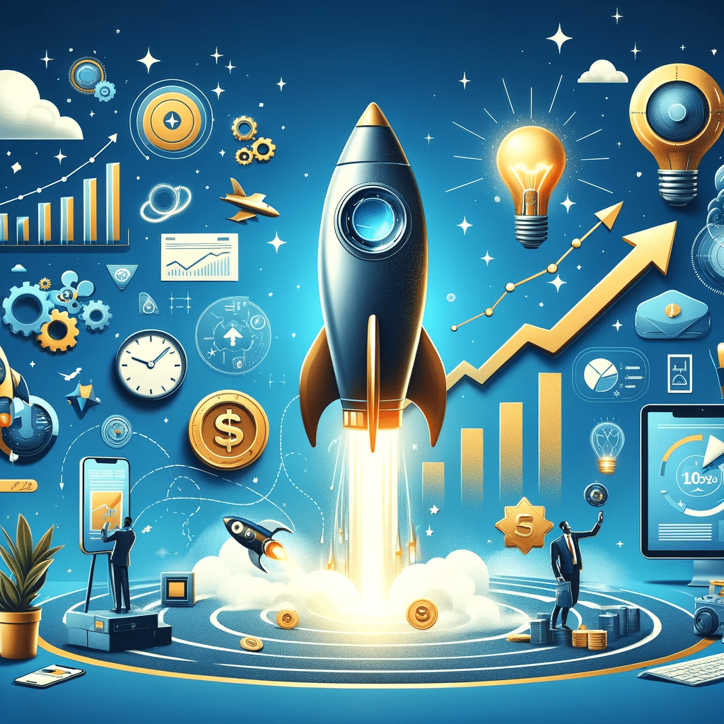 Ilustración con cohete despegando, bombilla, gráfico ascendente y móvil, simbolizando crecimiento de negocio con contenido creativo | Posiciona.Digital