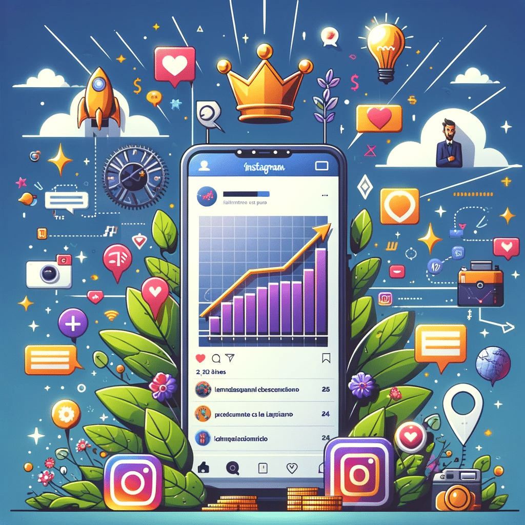 Ilustración de un smartphone grande con éxito en Instagram, símbolos de crecimiento y liderazgo para negocios en redes sociales | Posiciona.Digital