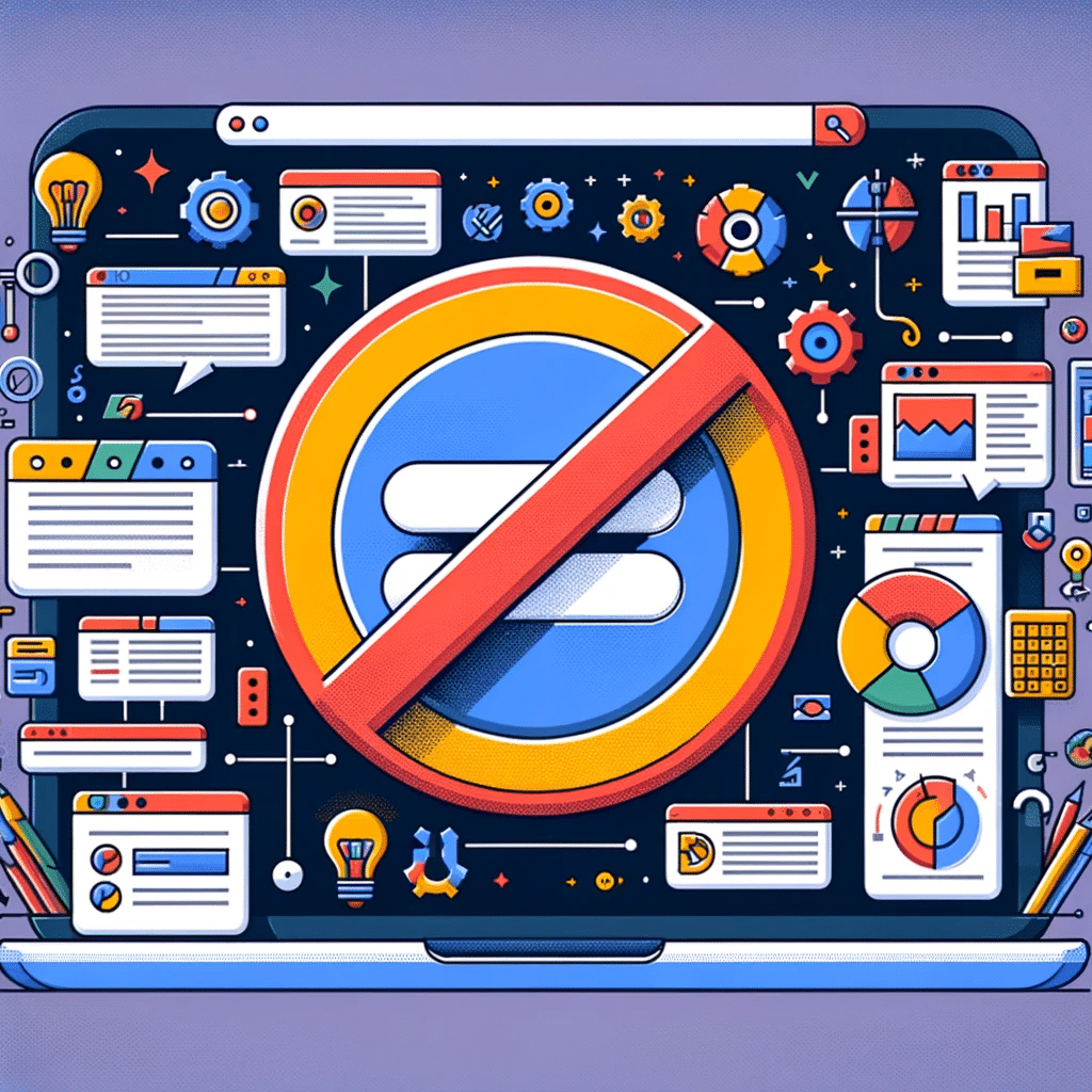 Ilustración de los fundamentos de palabra clave negativas en Google Ads con signo de prohibición. | Posiciona.Digital