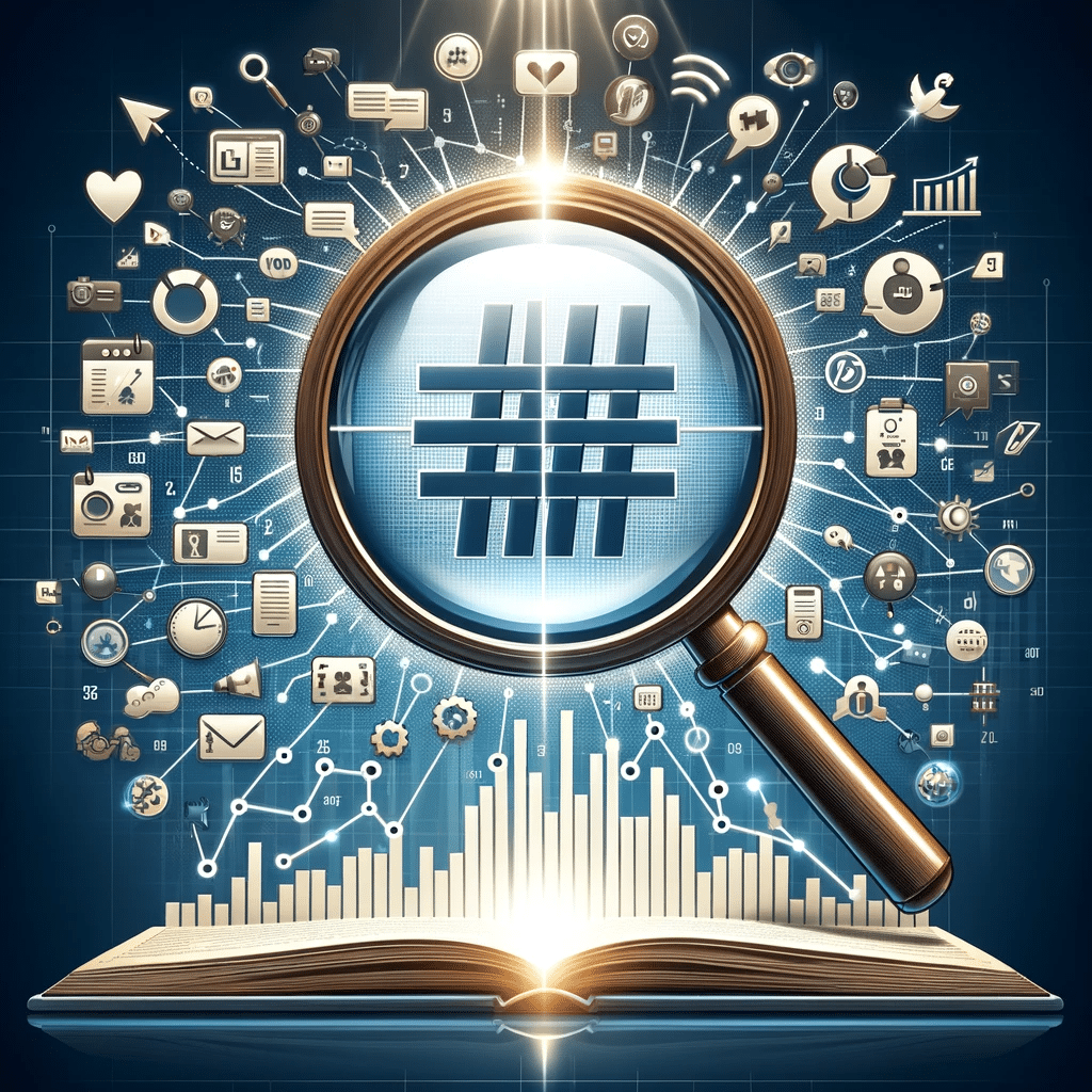 Ilustración de lupa sobre hashtags con gráficos de crecimiento, representando estrategias para aumentar alcance en marketing digital | Posiciona.Digital