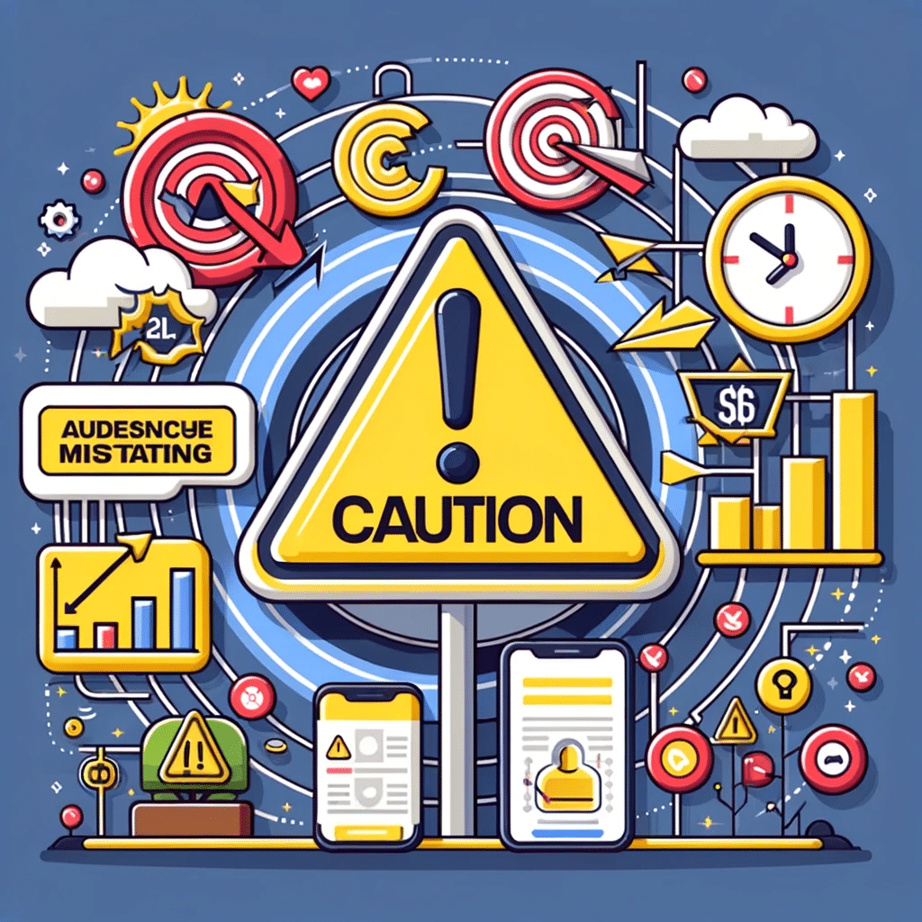 Ilustración con letrero de precaución y errores en Facebook Ads: mala segmentación, gasto ineficaz y tiempo inadecuado. | Posiciona.Digital