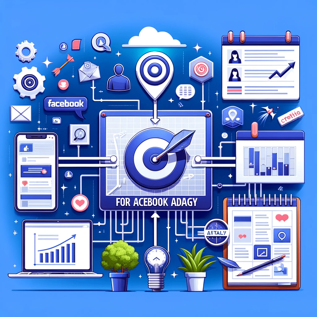 Ilustración de estrategia de usar Facebook Ads con mapa estratégico, segmentación, análisis y contenido creativo. | Posiciona.Digital