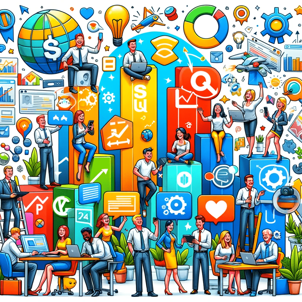 Ilustración de colaboración en marketing digital con énfasis en encabezados y etiquetas HTML | Posiciona.Digital