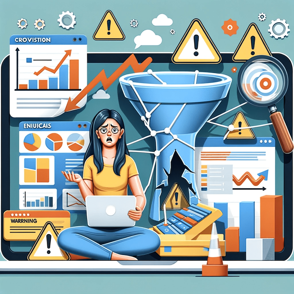 Ilustración sobre la falta de seguimiento de conversiones, con gráficos desvanecidos y símbolos de advertencia. | Posiciona.Digital