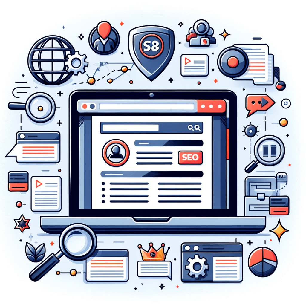 Página web con palabra clave y elementos SEO, rodeada de iconos de búsqueda y optimización. Archivo Robots.txt| Posiciona.Digital