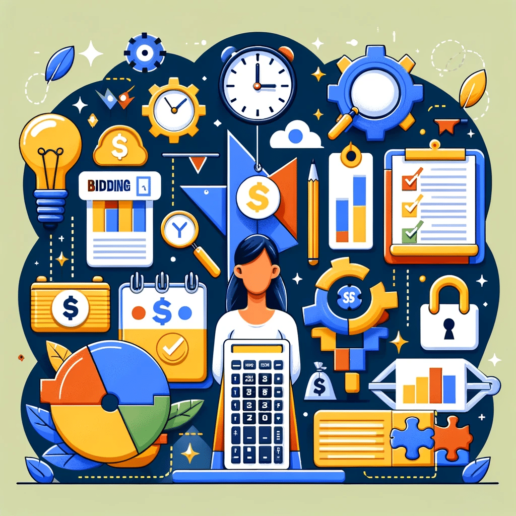 Ilustración sobre factores clave en estrategias de puja de Google Ads, con símbolos de planificación y análisis. | Posiciona.Digital