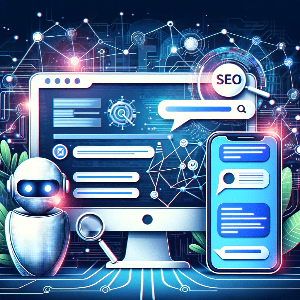 "Pantalla de PC con SEO y smartphone con chatbot en fondo digital" | Posiciona.Digital