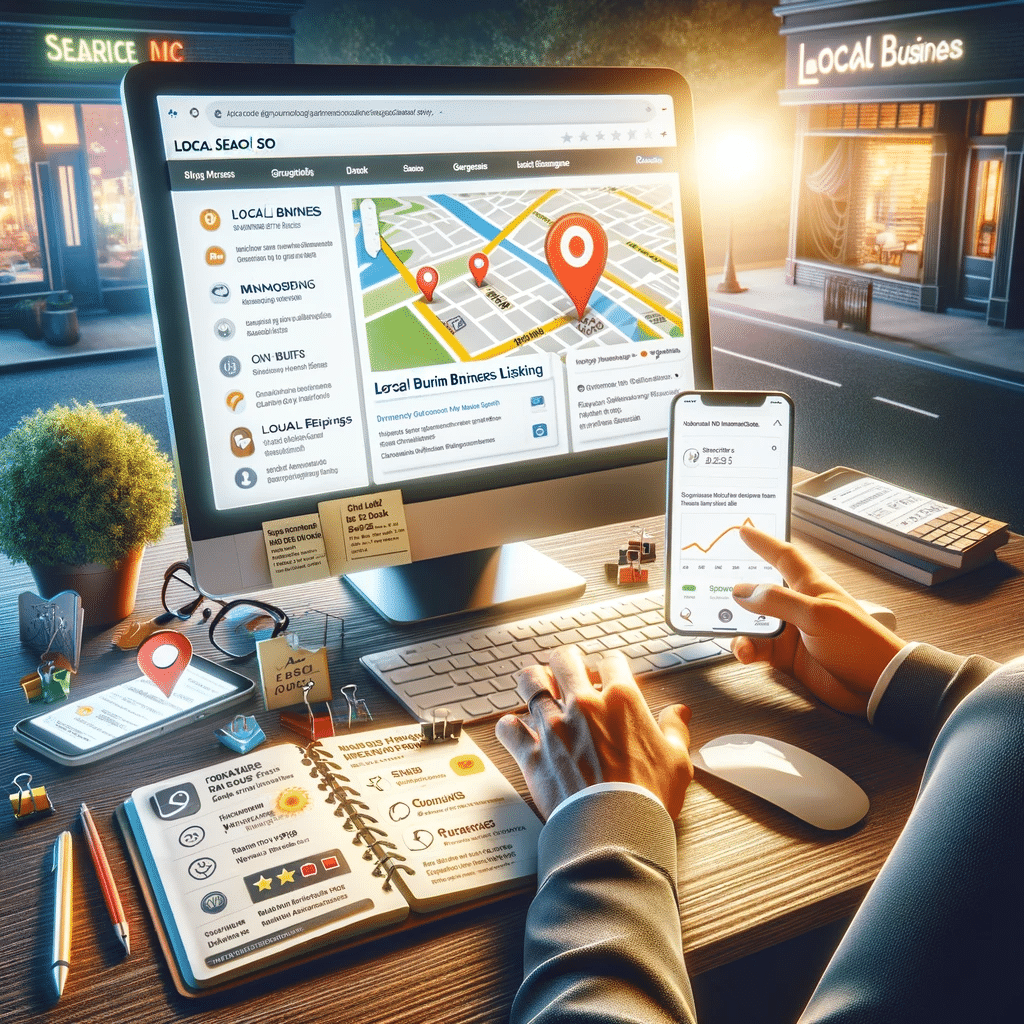 Empresario optimizando SEO local para su negocio en línea. | Posiciona.Digital