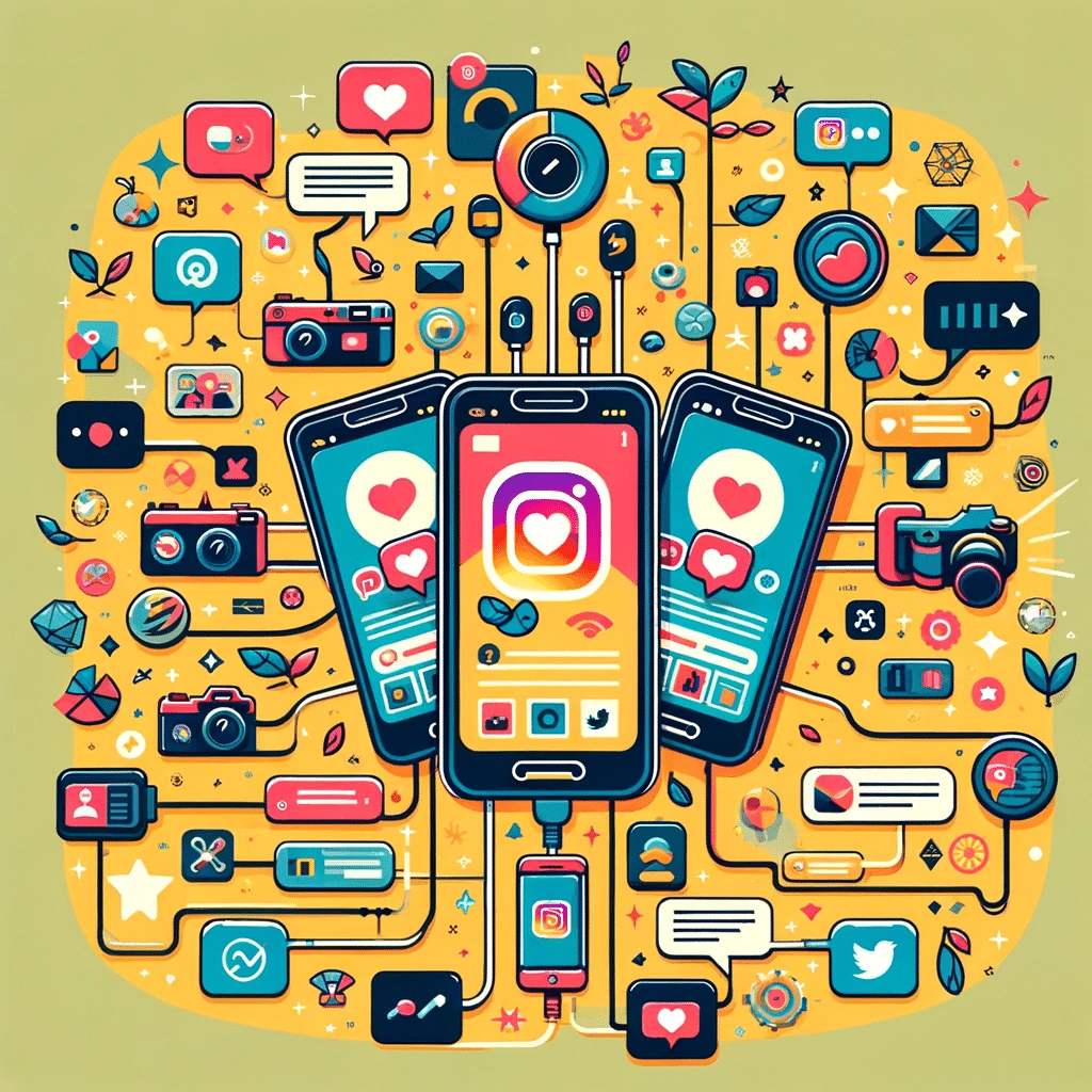 Ilustración de smartphones entrelazados mostrando colaboraciones en Instagram con elementos de marketing y crecimiento | Posiciona.Digital