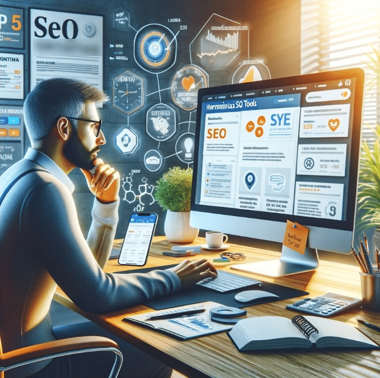 Empresario evaluando herramientas SEO gratuitas en su oficina. | Posiciona.Digital