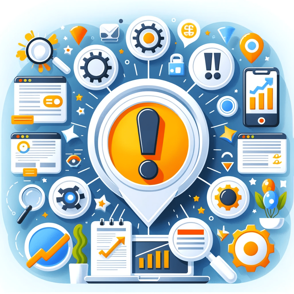 Signo de exclamación con iconos de errores SEO comunes, como contenido duplicado y enlaces rotos. | Posiciona.Digital