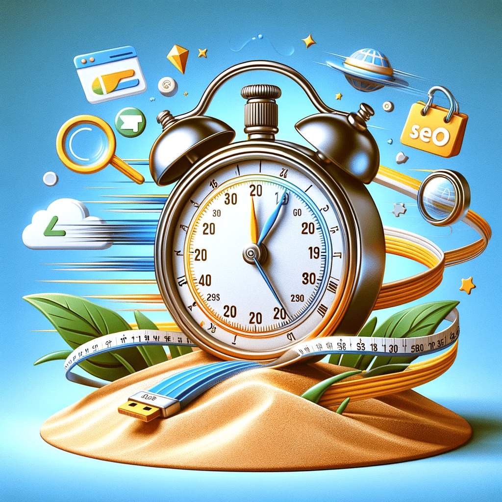 Reloj de arena con web y SEO, enfatizando la velocidad y optimización en línea. | Posiciona.Digital