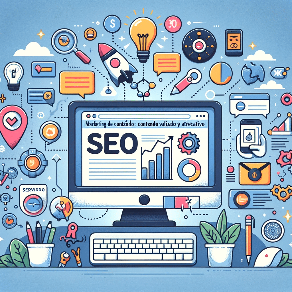 Portátil mostrando blog SEO y iconos de creatividad, para contenido valioso y atractivo. Seo Off Page | Posiciona.Digital