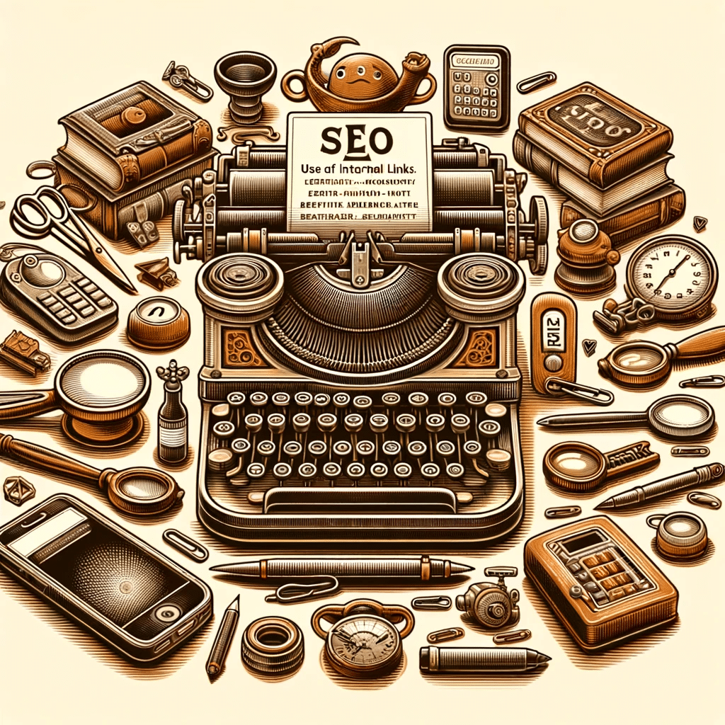 Ilustración vintage de uso de palabras clave en enlaces internos, con elementos de SEO en tonos sepia | Posiciona.Digital
