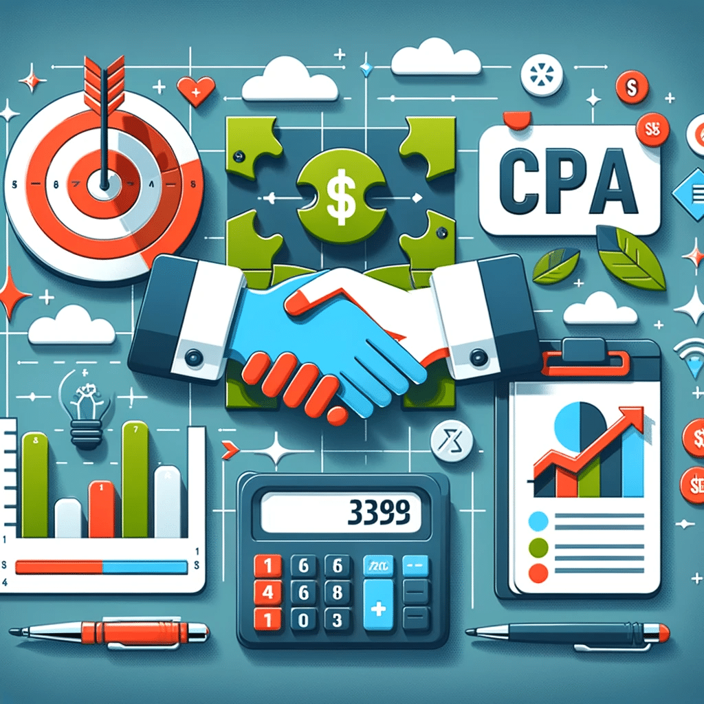 Ilustración sobre la estrategia de puja CPA en marketing digital, con símbolos de adquisición y análisis de costos. | Posiciona.Digital