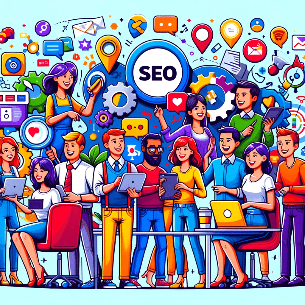 Ilustración colorida de colaboración en marketing digital con enfoque en enlaces y señales sociales | Posiciona.Digital