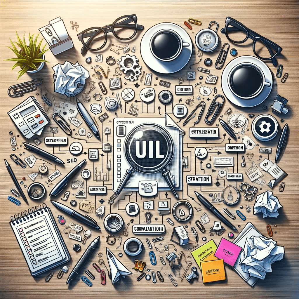 Mesa de trabajo de SEO con enfoque en optimización de URL y enlaces internos, vista cenital | Posiciona.Digital