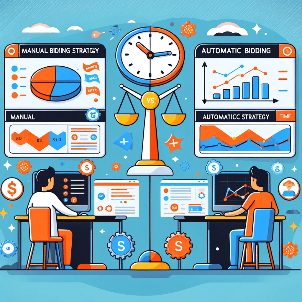 Ilustración comparando estrategia de puja manual y automática en Google Ads, con gráficos y símbolos. | Posiciona.Digital