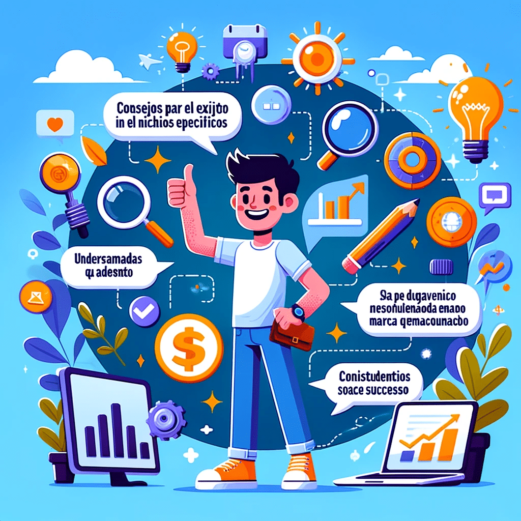 Ilustración colorida de marketing digital con personaje y elementos de éxito | Posiciona.Digital