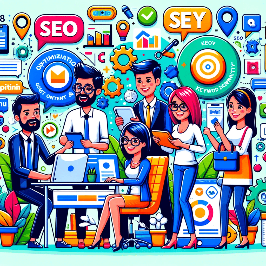 Ilustración colorida de colaboración en marketing digital con enfoque en contenido y palabras clave | Posiciona.Digital
