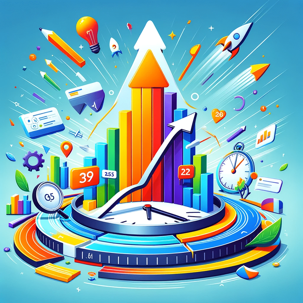 Flecha ascendente y reloj de arena simbolizando mejora de SEO por optimización de velocidad y URL. | Posiciona.Digital