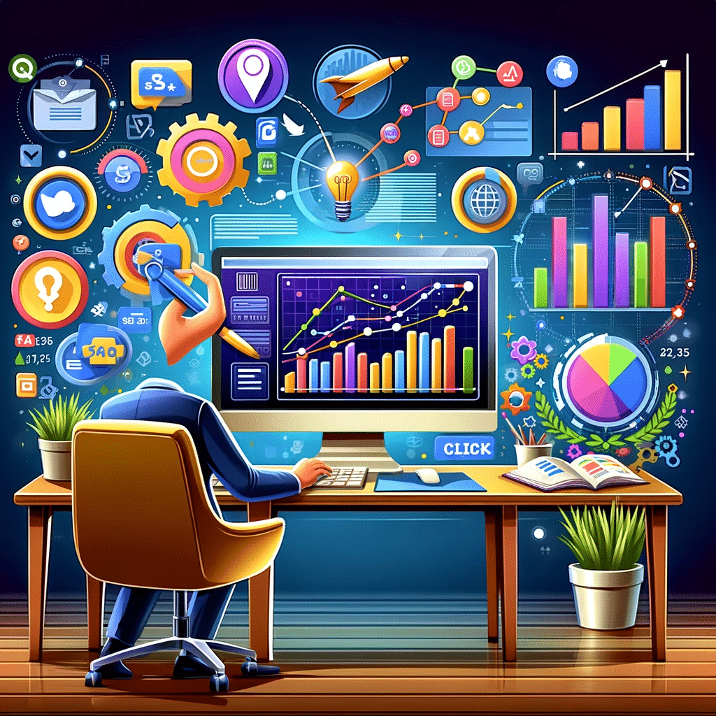 Ilustración de análisis de marketing digital con gráficos y datos | Posiciona.Digital