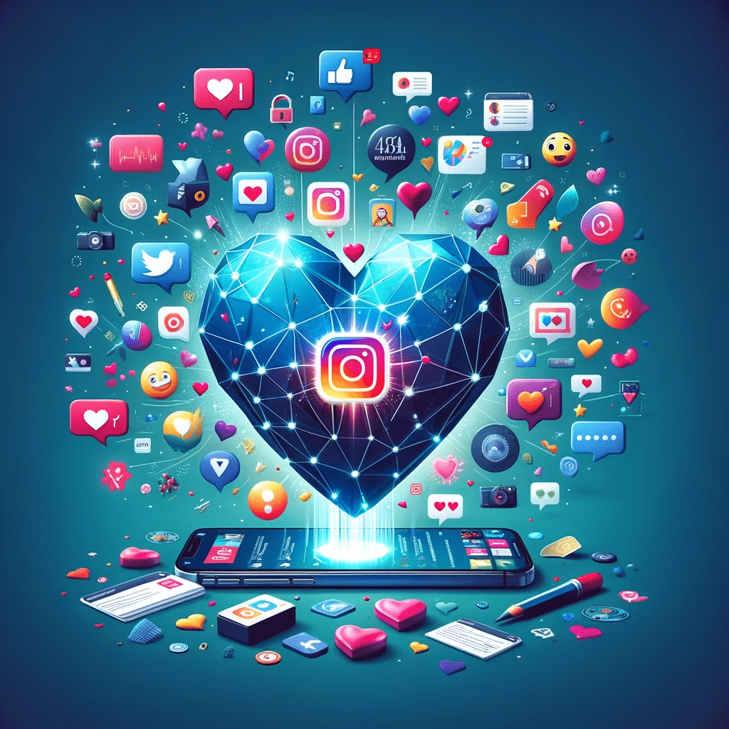 Ilustración de un corazón con smartphone mostrando Instagram y elementos de interacción, simbolizando conexión con la audiencia | Posiciona.Digital