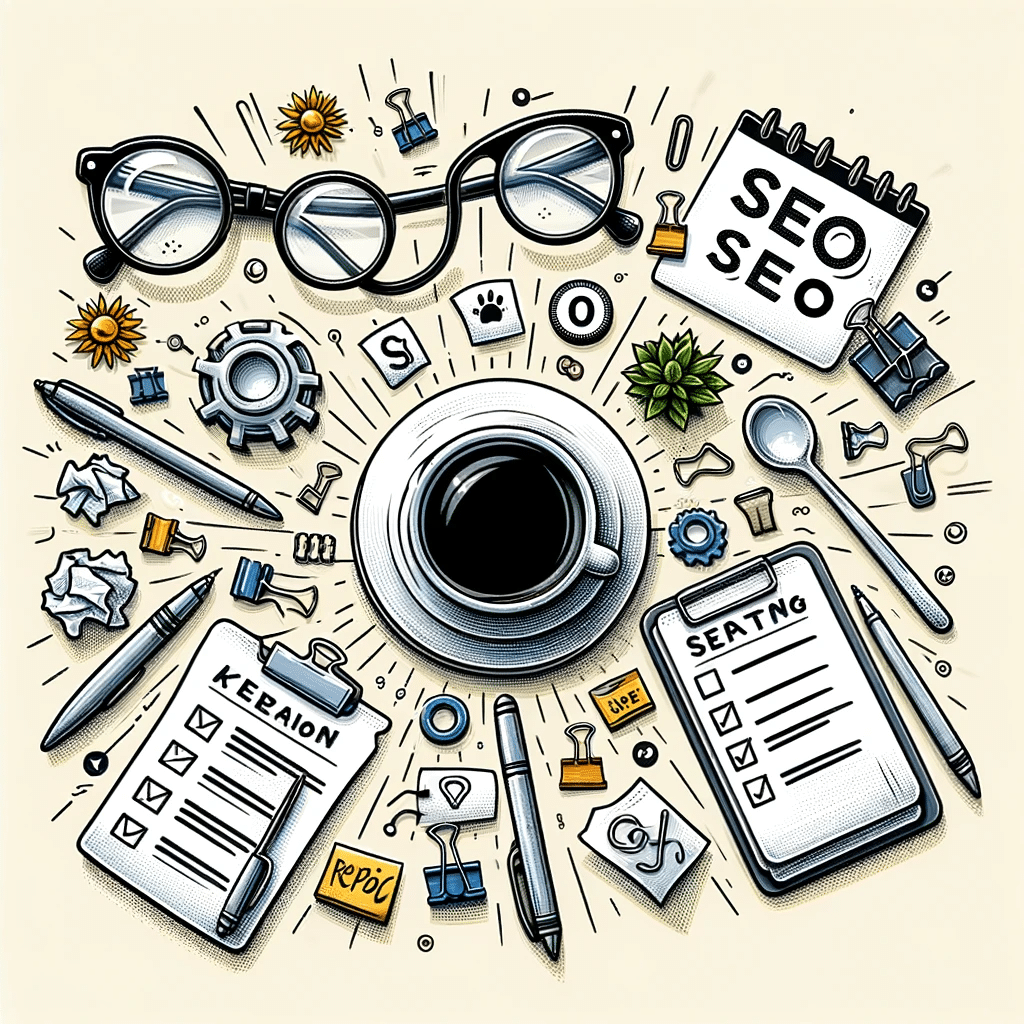 Mesa de trabajo de especialista SEO con notas, taza de café y elementos de estrategia, vista cenital | Posiciona.Digital