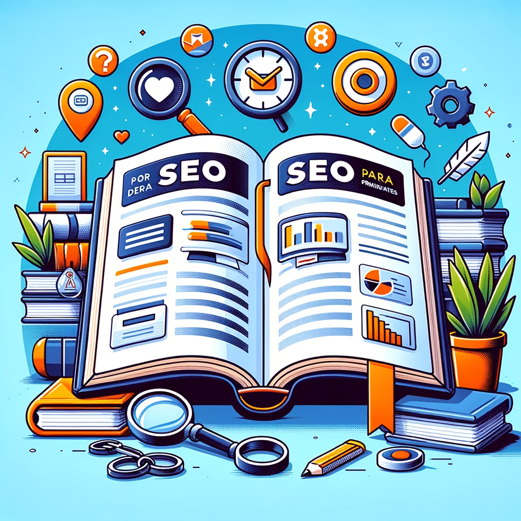 Libro 'SEO para Principiantes' con gráficos y elementos digitales, ideal para aprender SEO. | Posiciona.Digital