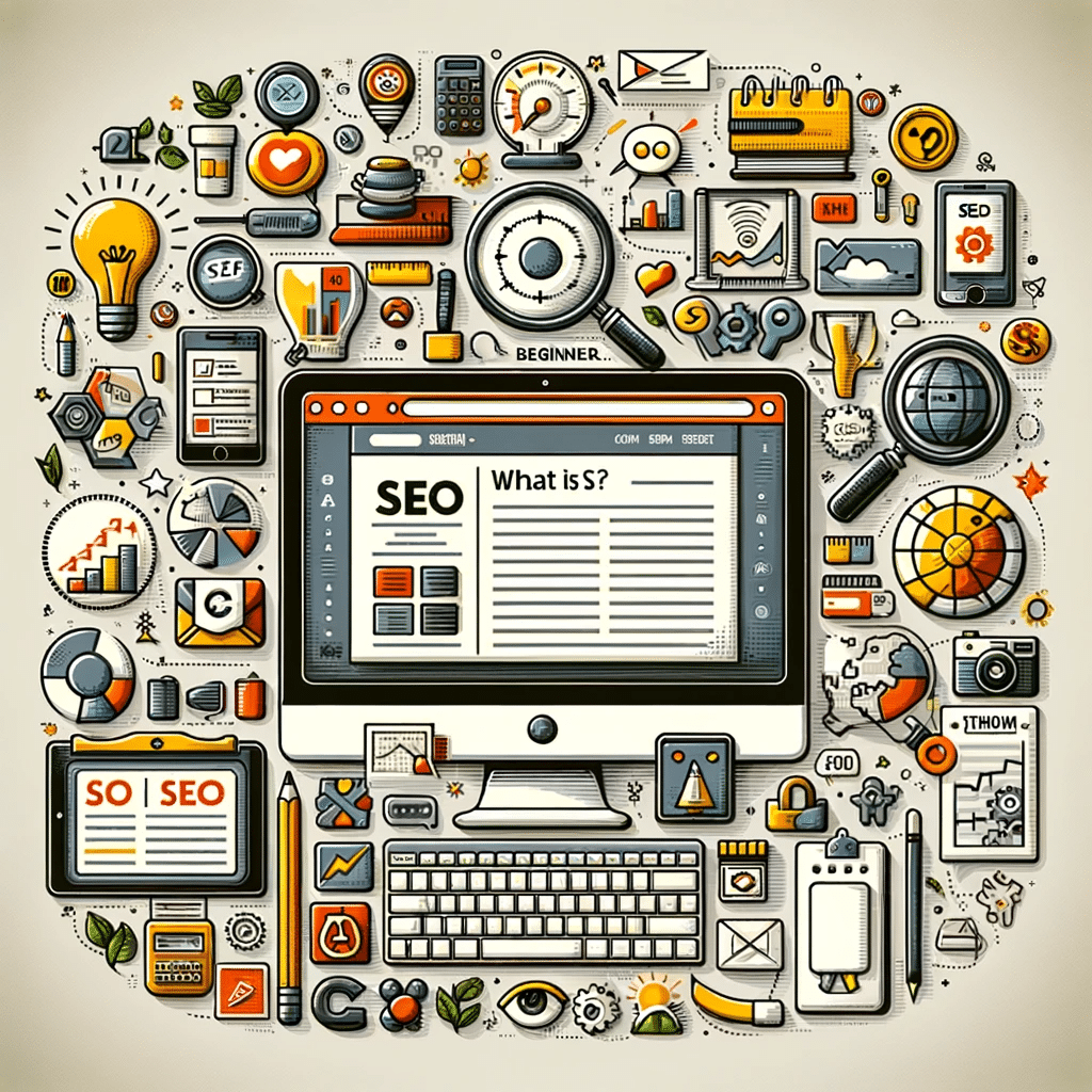 Collage de marketing digital y elementos clave de guía SEO. | Posiciona.Digital