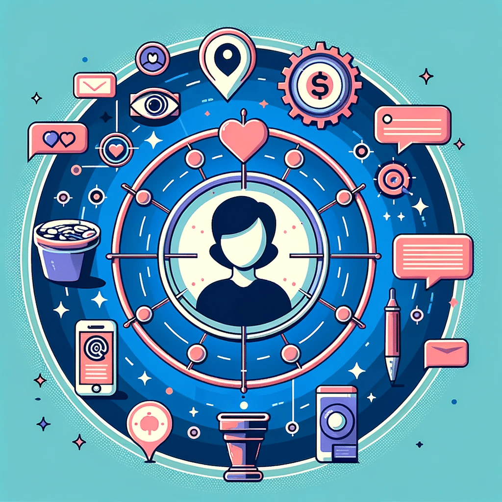 Ilustración con diana y avatar humano, iconos de corazón, dinero, chat y bombilla, simbolizando la identificación de audiencias y sus necesidades en marketing digital | Posiciona.Digital